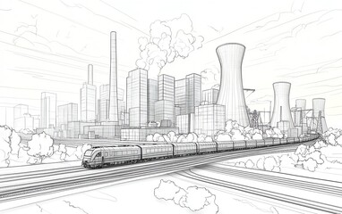 Creative vector illustration of a highway with a train, a modern town in the background, and a thermal power plant, presented with striking black outlines