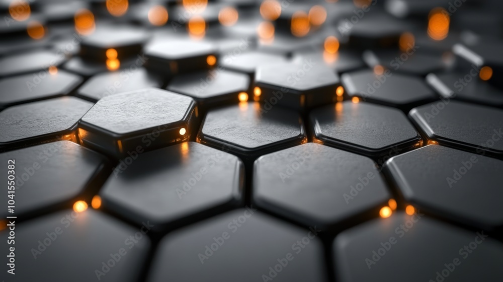 Poster A floor made of hexagonal black tiles features embedded glowing orange lights, creating an inviting yet modern ambiance in a low-light space.