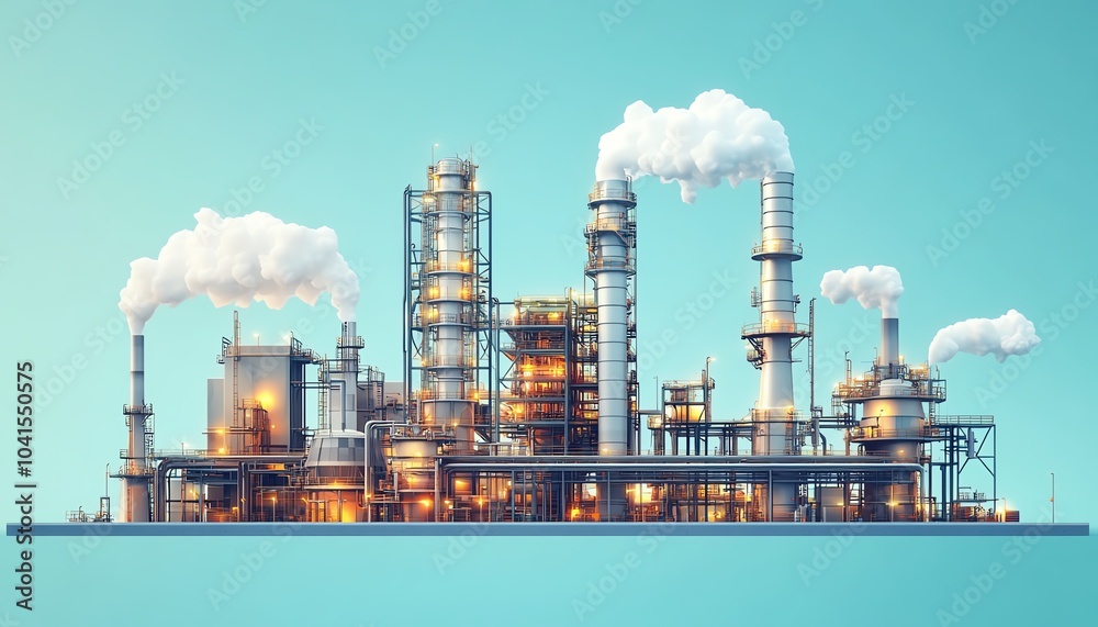 Poster illustration of a gas plant industrial scene featuring a refinery, designed with two layers of detai