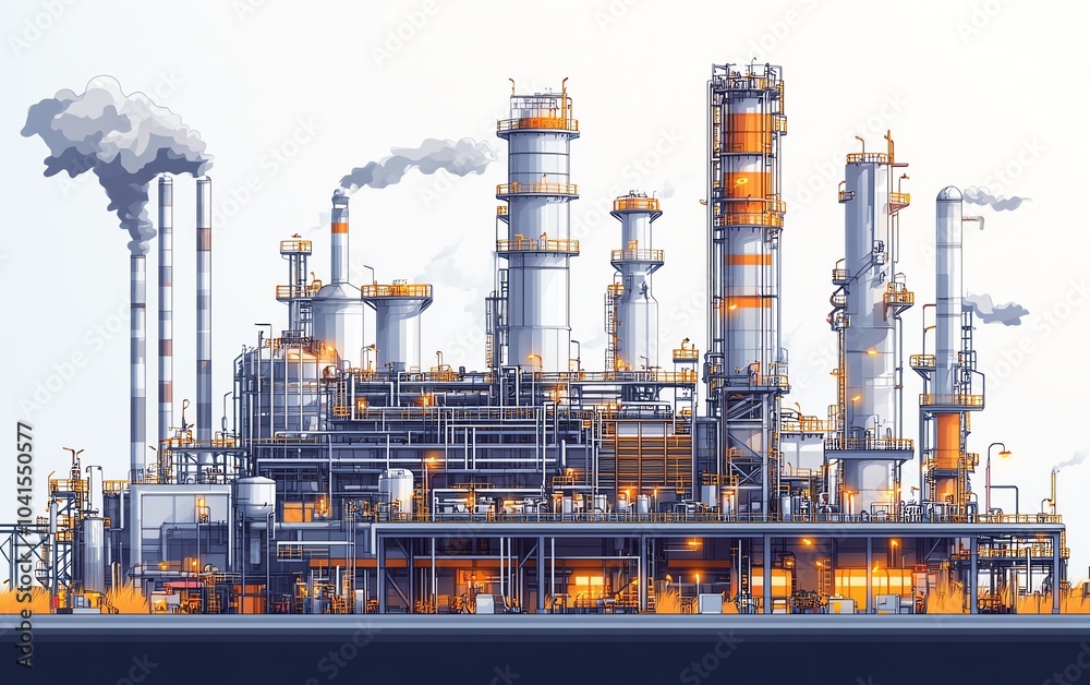 Poster indepth vector illustration of a gas plant featuring a detailed refinery layout with two layers, hig