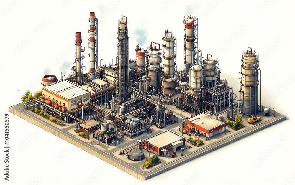 Aufkleber indepth vector illustration of a gas plant featuring a detailed refinery layout with two layers, hig