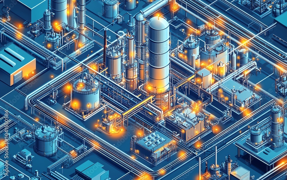 Poster indepth vector illustration of a gas plant featuring a detailed refinery layout with two layers, hig