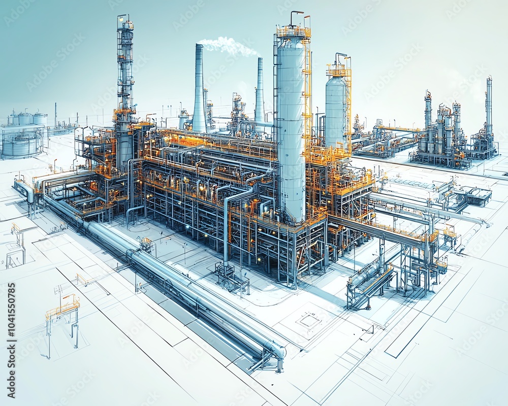 Aufkleber sophisticated vector illustration of a gas plant industrial view, featuring a refinery with two dist