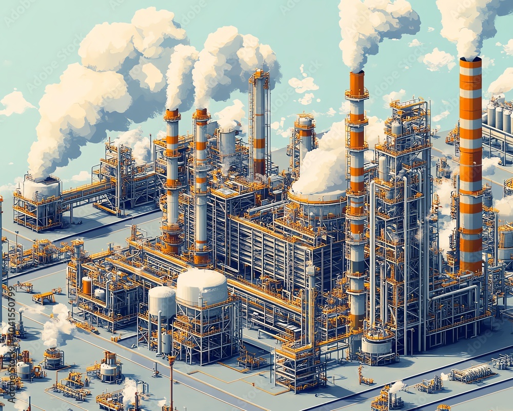 Poster sophisticated vector illustration of a gas plant industrial view, featuring a refinery with two dist