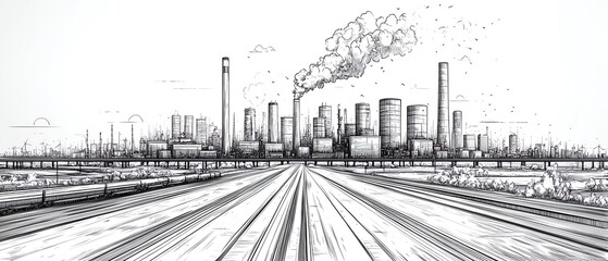 Obraz premium Intricate vector design depicting a wide highway, a passing train, and a modern town, featuring a thermal power plant illustrated in sharp black outlines