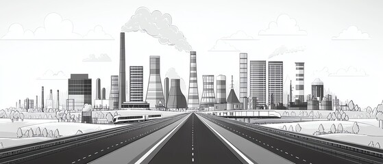 Fototapeta premium Intricate vector design depicting a wide highway, a passing train, and a modern town, featuring a thermal power plant illustrated in sharp black outlines