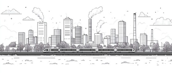 Naklejka premium Intricate vector design depicting a wide highway, a passing train, and a modern town, featuring a thermal power plant illustrated in sharp black outlines