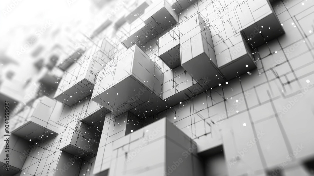 Fototapete Intricately designed cube structures create a dynamic visual display, with delicate lines interconnecting them. Particles float gently through the composition, enhancing the modern aesthetic.