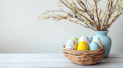 Easter eggs in a basket, stock image
