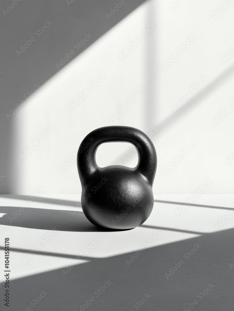 Aufkleber The black kettlebell sits alone on a surface, illuminated by sunlight, creating dynamic shadows and highlighting its shape and texture. Generative AI