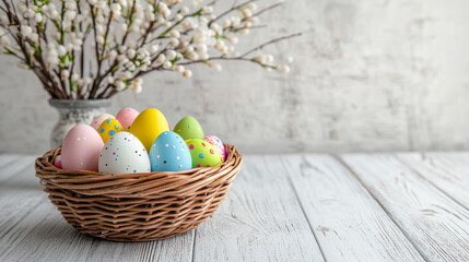 Easter eggs in a basket with flowers