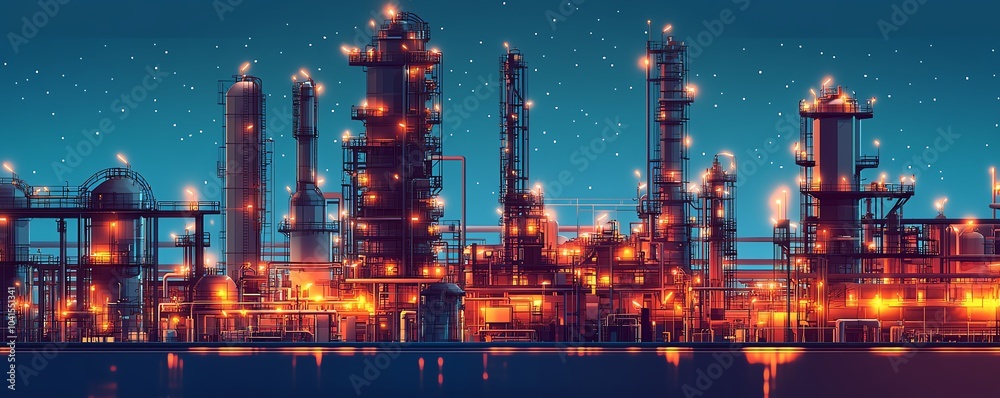 Poster comprehensive vector illustration of a gas refinery plant, showcasing an industrial view with two la