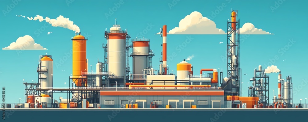 Aufkleber Comprehensive vector illustration of a gas refinery plant, showcasing an industrial view with two layers of detail for enhanced visual depth