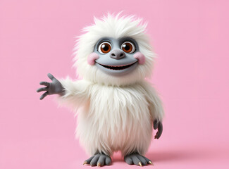 Obraz premium Funny fluffy monster isolated on transparent pink background. Joyful and fluffy little monster. Cute yeti. Halloween character.