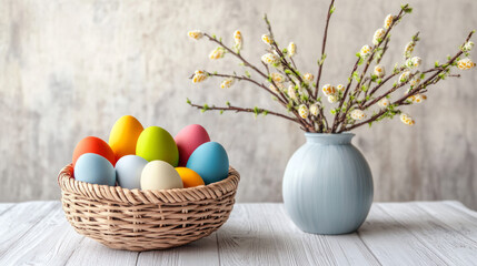 Easter eggs in a basket, stock image