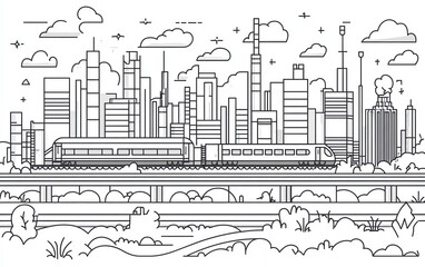 Obraz premium Comprehensive vector illustration showcasing a highway scene with a train, a modern town, and a thermal power plant, all depicted in bold black outlines