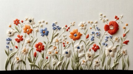 A beautiful arrangement of embroidered wild flowers in vibrant colors and organic wool textures set against a crisp white background.