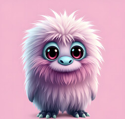 Funny fluffy monster isolated on transparent pink background. Joyful and fluffy little monster. Cute yeti. Halloween character.