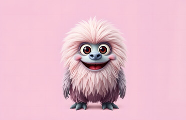 Fototapeta premium Funny fluffy monster isolated on transparent pink background. Joyful and fluffy little monster. Cute yeti. Halloween character.