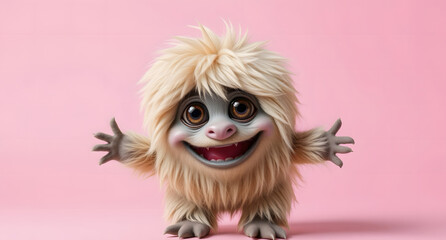 Fototapeta premium Funny fluffy monster isolated on transparent pink background. Joyful and fluffy little monster. Cute yeti. Halloween character.