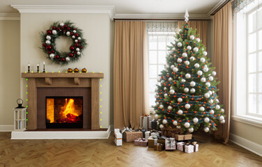 Cozy and attractive Christmas living room with a beautiful Christmas tree and a warm fireplace