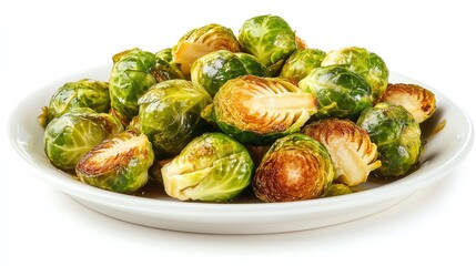 A plate of roasted Brussels sprouts with olive oil, isolated on a bright white background, Generative AI