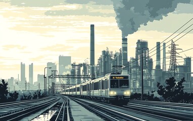 Fototapeta premium Engaging vector art showing a highway scene with a train, a modern urban environment, and a thermal power plant, all designed with black outlines for emphasis