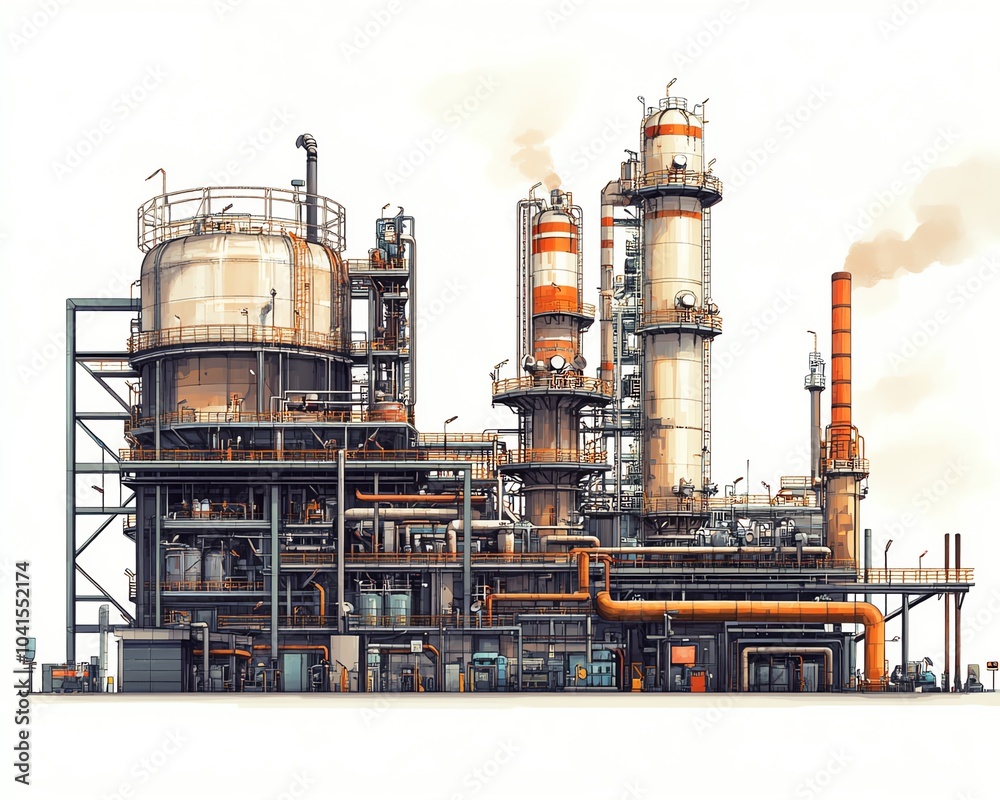 Poster industrial vector illustration of a gas plant with a refinery, emphasizing two layers of intricate d