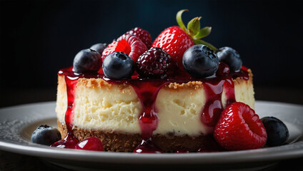 Cheesecake topped with fresh berries, with dramatic backlighting that highlights the glossy fruit and creamy texture of the cake.