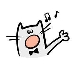 Funny artist cat in a bowtie opened his mouth and sings a romantic song. Vector illustration of a pet performing on stage. Wild animal and song in spring. Isolated caricature character on white.