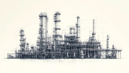 Obraz premium Sophisticated vector illustration of a gas plant industrial view, featuring a refinery with two distinct layers of detail for a comprehensive perspective