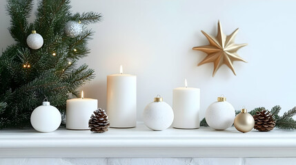 Christmas Decor:  Candles, Ornaments, and Pine Branches