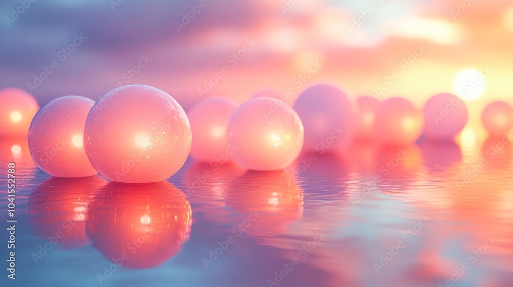 Poster glowing spheres gently float on the still water's surface as the sun sets, casting warm hues across 
