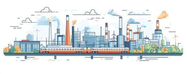 Fototapeta premium Vibrant vector design art of a wide highway with a train traveling, accompanied by a contemporary town and a thermal power plant outlined in black