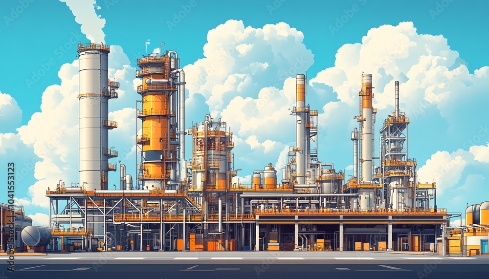 Poster comprehensive vector illustration of a gas refinery plant, showcasing an industrial view with two la