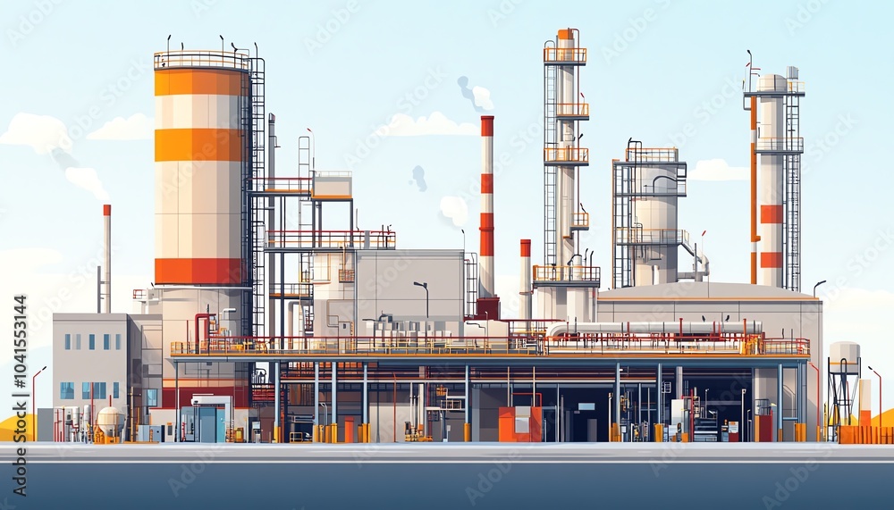 Poster comprehensive vector illustration of a gas refinery plant, showcasing an industrial view with two la