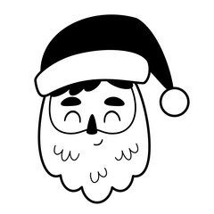 Black and white Santa Claus face clipart. Cute Christmas character. Vector illustration in flat style