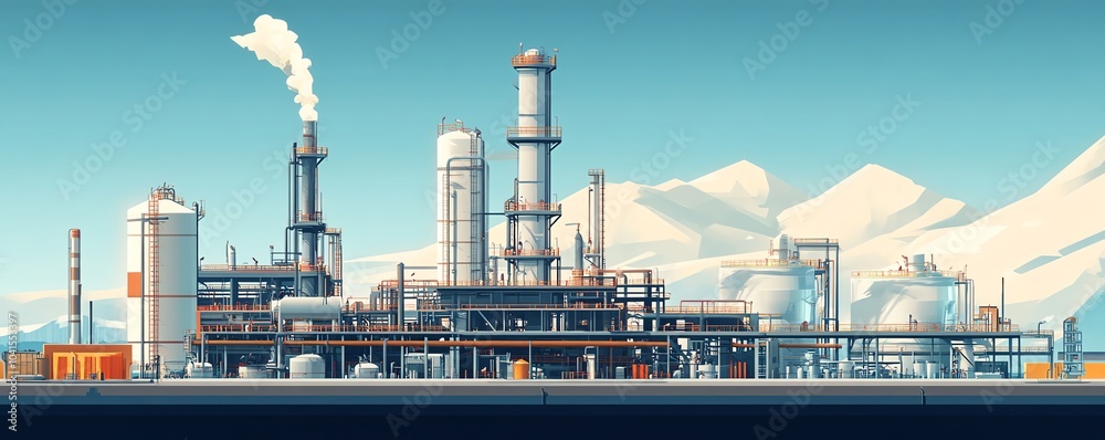 Aufkleber Dynamic vector depiction of a gas refinery plant, showcasing an industrial view with layered details for a realistic representation of operations