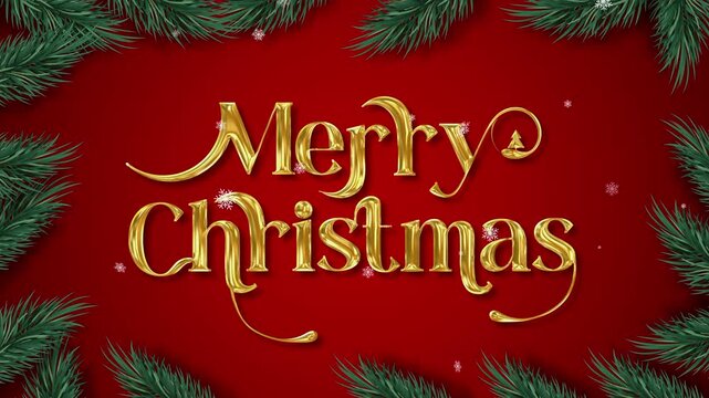 Merry Christmas text on red background with snowflake falling and pine tree leaf at border, motion graphic design