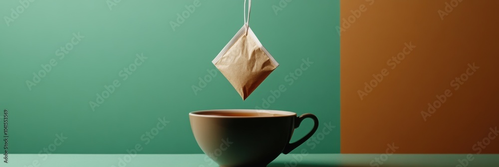 Aufkleber a simple tea bag hangs above a warm cup, waiting to infuse its flavor in a cozy setting with colorfu