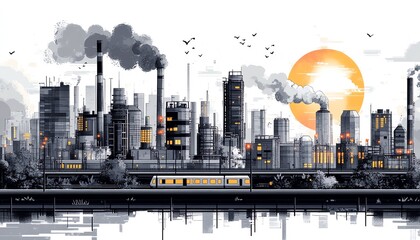 Engaging vector art showing a highway scene with a train, a modern urban environment, and a thermal power plant, all designed with black outlines for emphasis