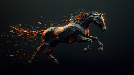 Futuristic Polygonal Black Horse With Fiery Orange Fragments Dynamic 3D Style
