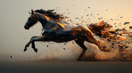 Stylized Low Poly Horse In Mid-Gallop With Fiery Orange Fragments Abstract Design