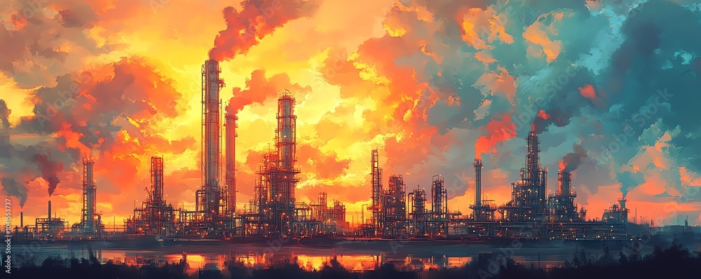 Poster illustration of a gas plant industrial scene featuring a refinery, designed with two layers of detai