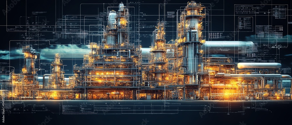Aufkleber indepth vector illustration of a gas plant featuring a detailed refinery layout with two layers, hig