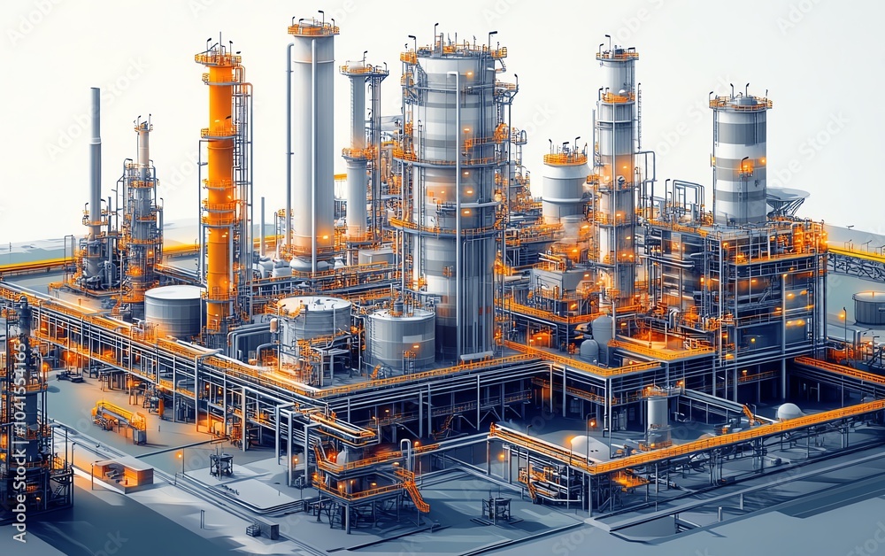 Poster sophisticated vector illustration of a gas plant industrial view, featuring a refinery with two dist