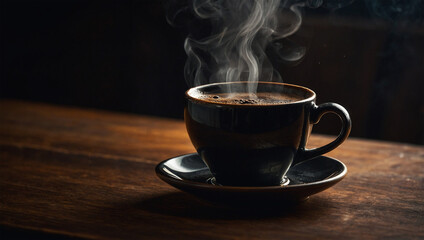 Fototapeta premium Hot cup of black coffee with steam rising, dramatically lit from the side to capture the swirling steam and shadows
