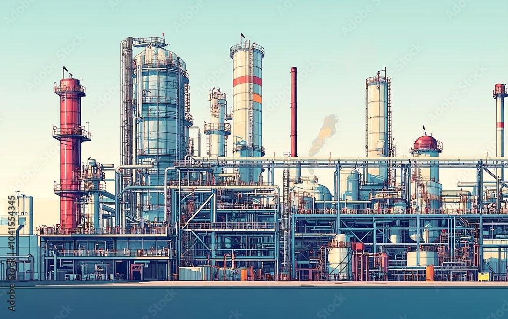 Poster sophisticated vector illustration of a gas plant industrial view, featuring a refinery with two dist