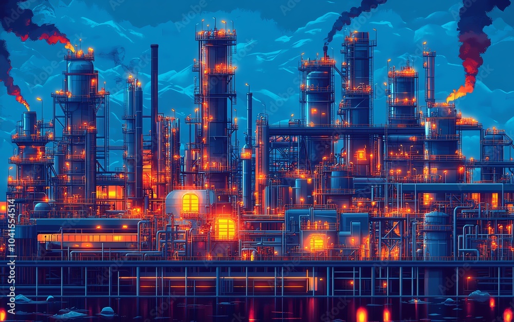 Poster sophisticated vector illustration of a gas plant industrial view, featuring a refinery with two dist