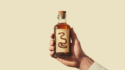 Hand holding vintage snake oil bottle with old label